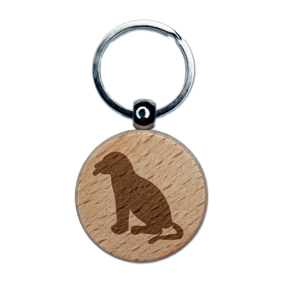 Dog Puppy Tongue Out Sitting Engraved Wood Round Keychain Tag Charm