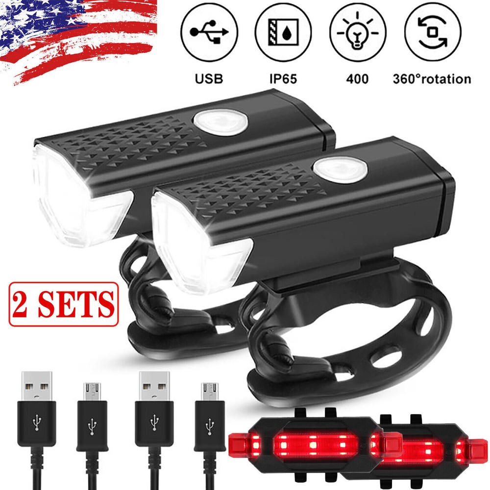 2 Sets USB Rechargeable LED Bicycle Headlight Bike Front Rear Lamp Cycling Light