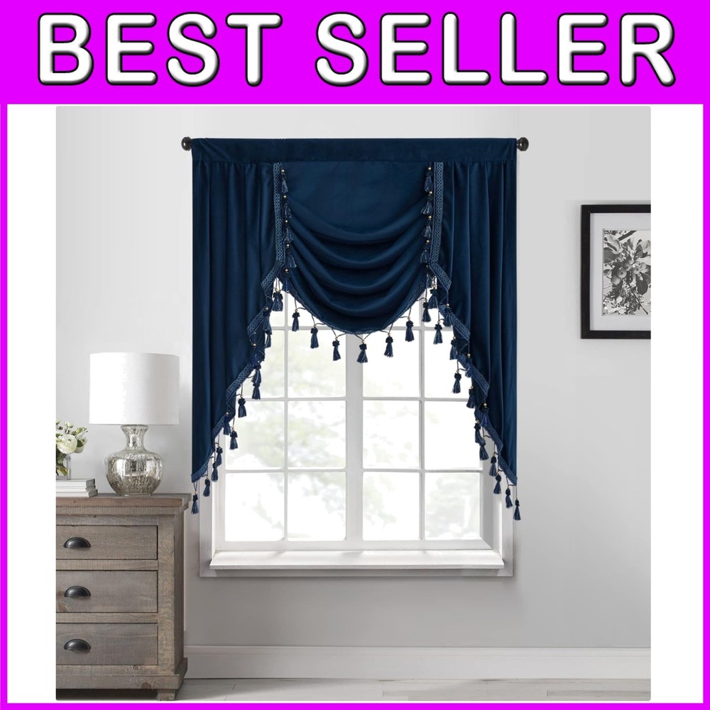 Luxe Navy Blue Velvet Valance - Elegant Bay Window Curtain