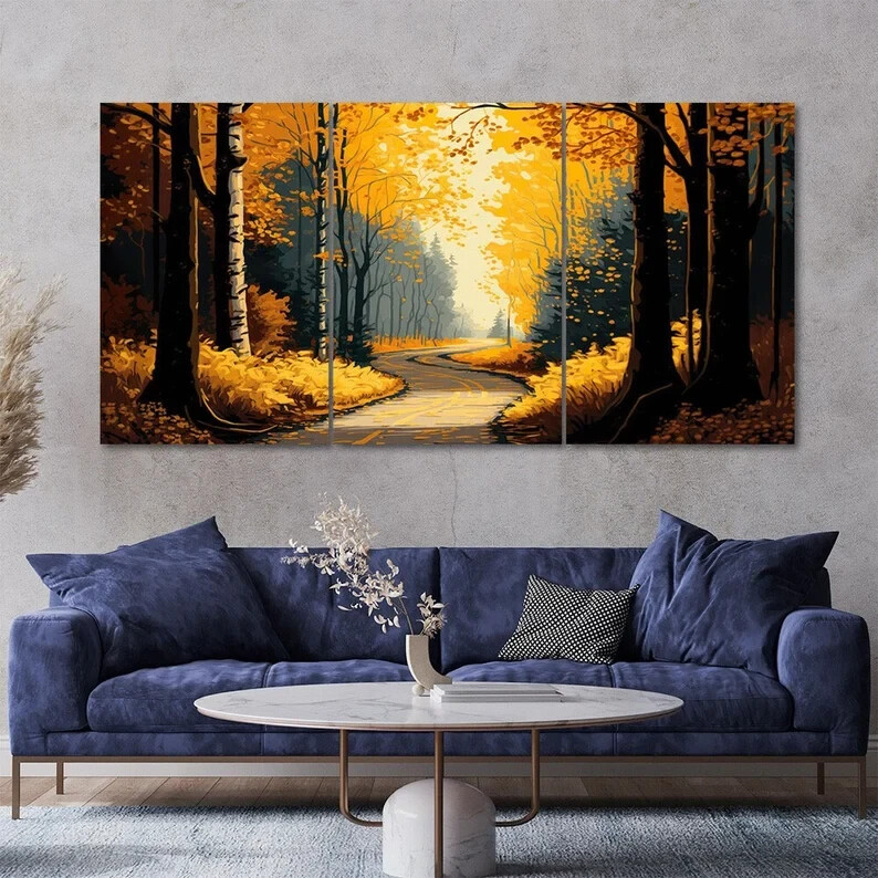 3 Pcs Yellow Forest Pathway Painting Style Canvas Wall Art Unframed Modern Home