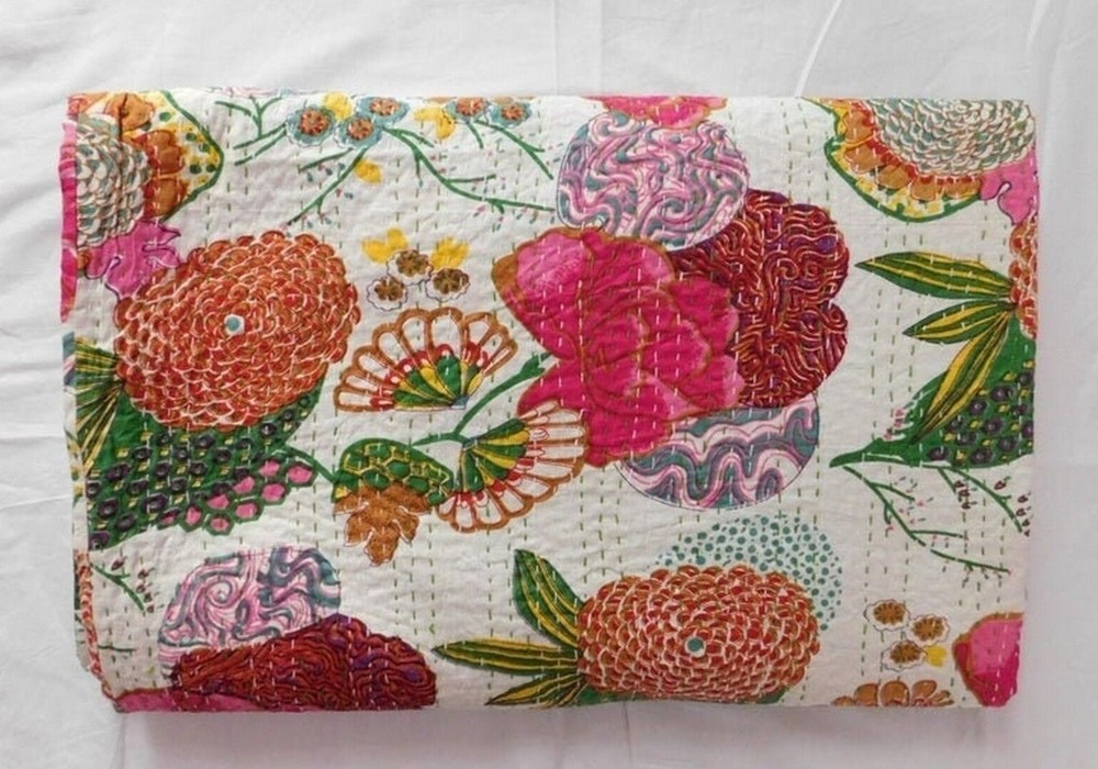 Indian Paradise  Kantha Bedspread Boho Fruit Kantha Quilts Hippie Throw Bedcover