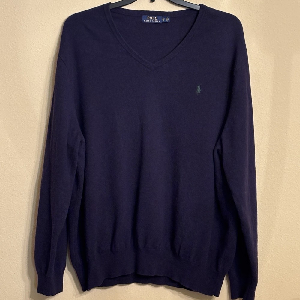 POLO RALPH LAUREN Sweater Men Sz 4XB Navy 100% Merino Wool Traveler's L/S V-Neck