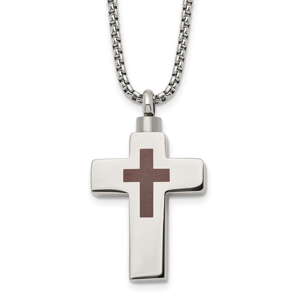 Stainless Steel Polished and Lasered Cross Ash Holder Box Chain Necklace 24