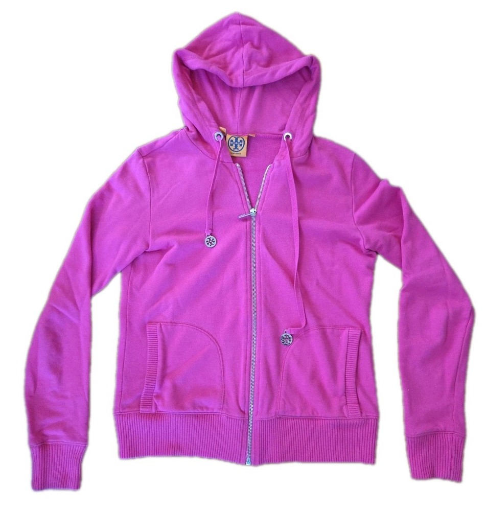 Tory Burch full zip Big Logo Deep Pink Hoodie w/Pockets~VHTF~Sz Small~See Pics👀