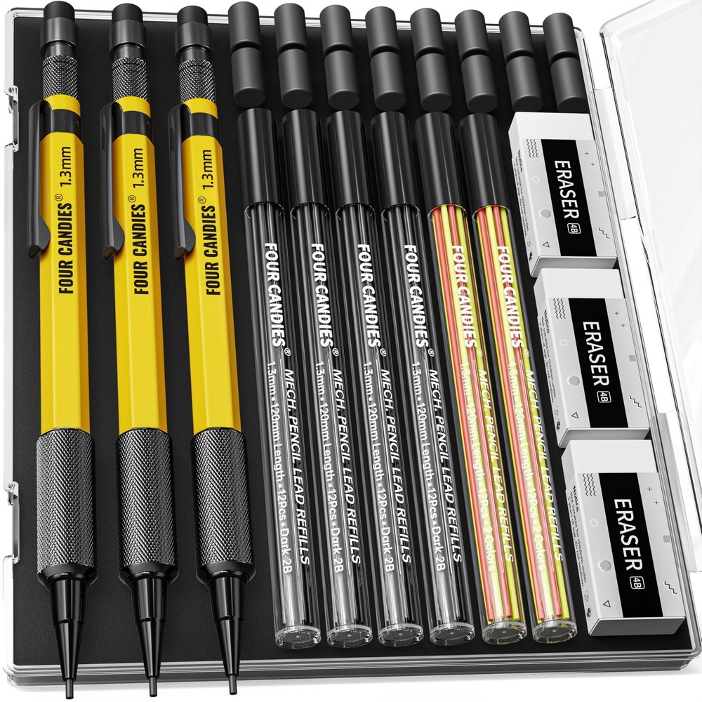 3PCS 1.3mm Mechanical Pencil Set with Case, Metal Heavy Duty Carpenter Pencil...