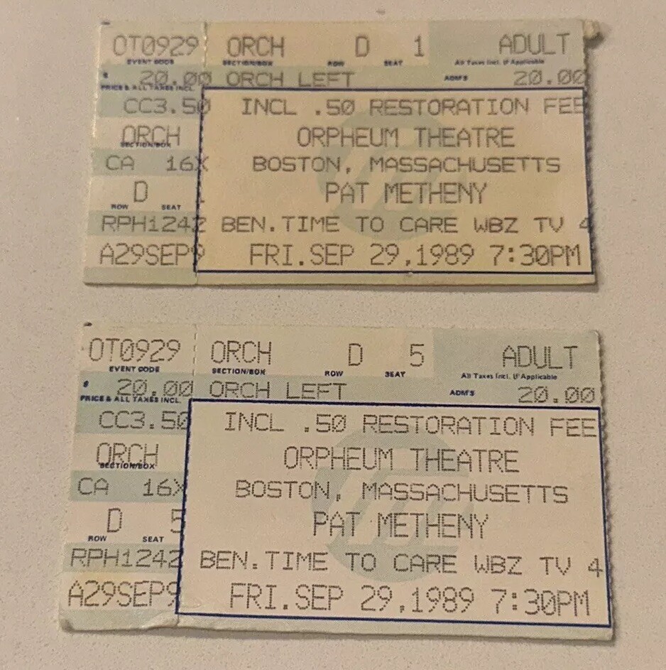 9/29/89 Pat Metheny Jazz Band Composer Concert Music Orpheum Boston Ticket Stub
