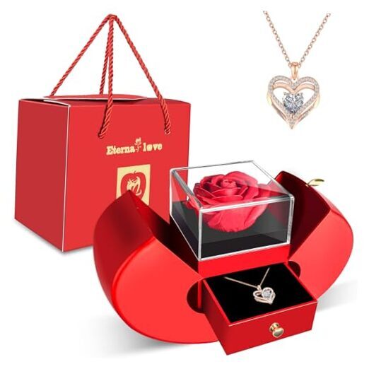 Preserved Flower Red Rose with Heart Necklace, Gift Red Gift Box With Necklace