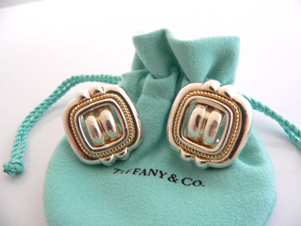 Tiffany & Co Silver 18K Gold Rope Square Clip On Earrings Gift Pouch Love