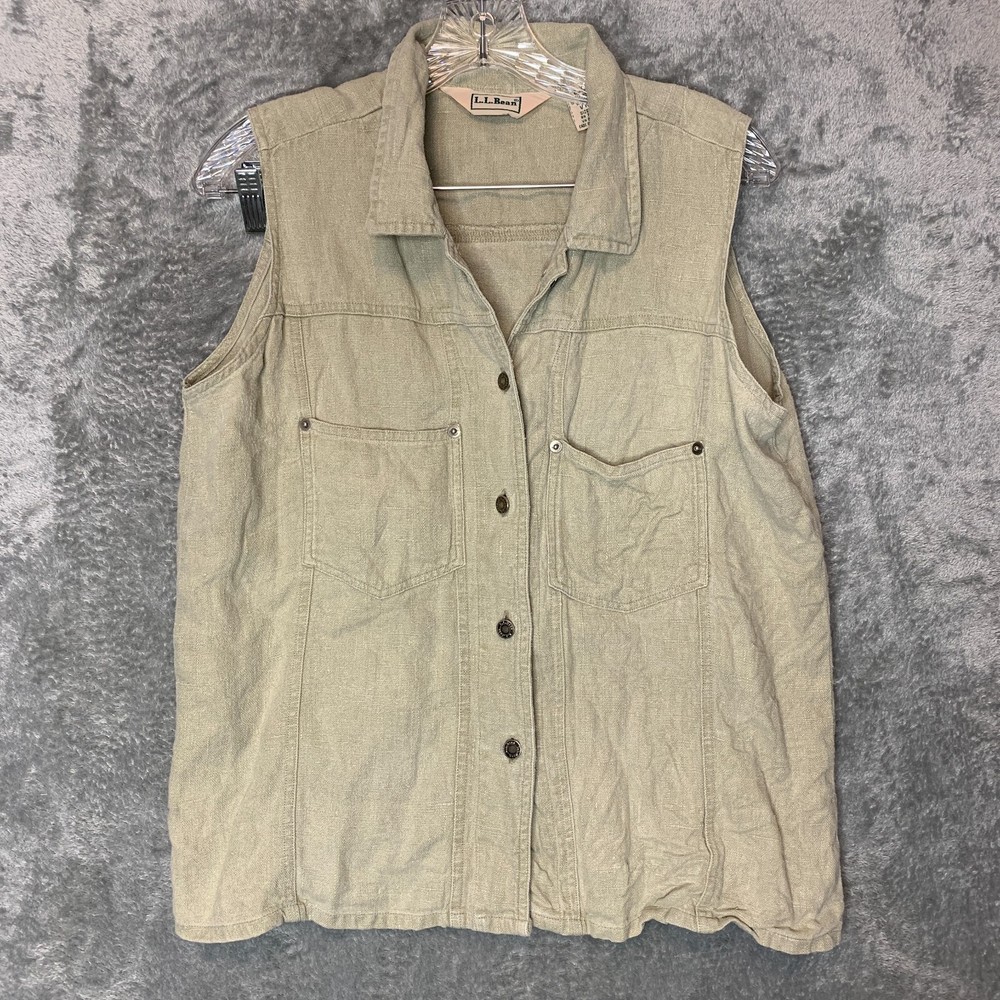 LL Bean Women 100% Linen Safari Travel Minimalist Neutral Button Front Vest S