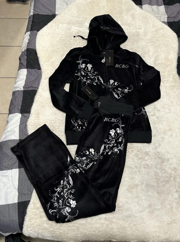 BCBG Max Azria Black Silver Embellish Velour Set Pants Hoodie Medium Bird Floral