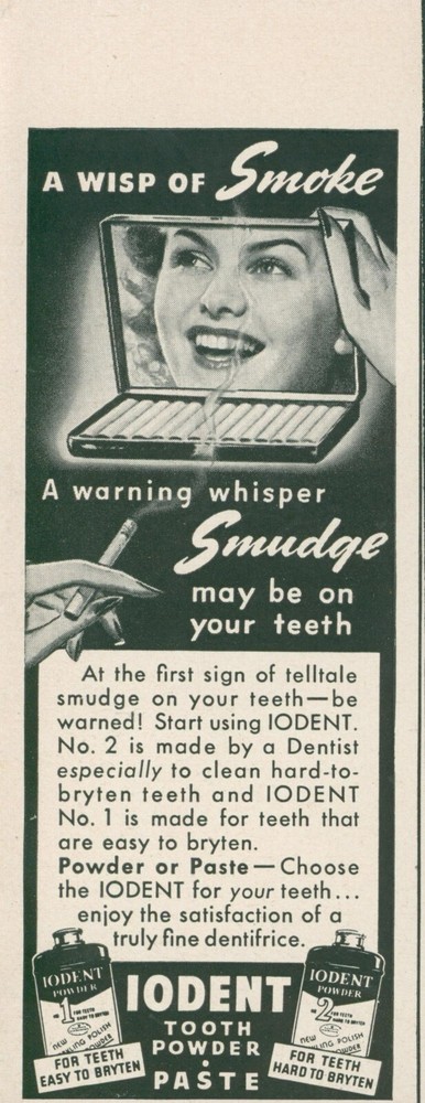 1943 Iodent Tooth Powder Paste Cigarette Case Mirror Smudge Vtg Print Ad L38