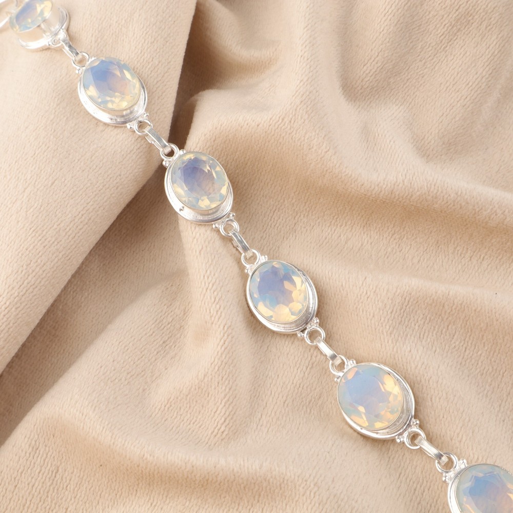 Wedding Gift For Her 925 Silver Natural Milky Opal Gemstone Chain Bracelet