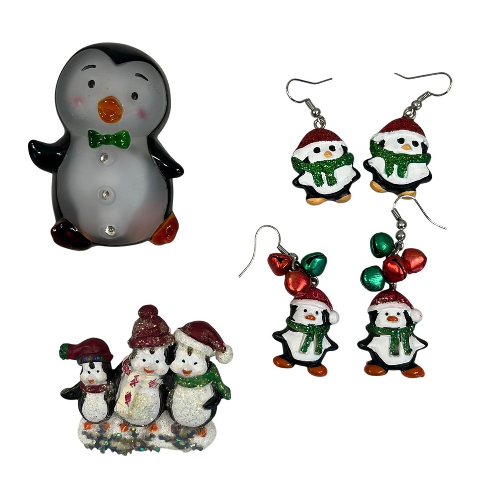 Lot of 4 Vintage Winter Holiday Penguin Pierced Ear Earrings & Pins