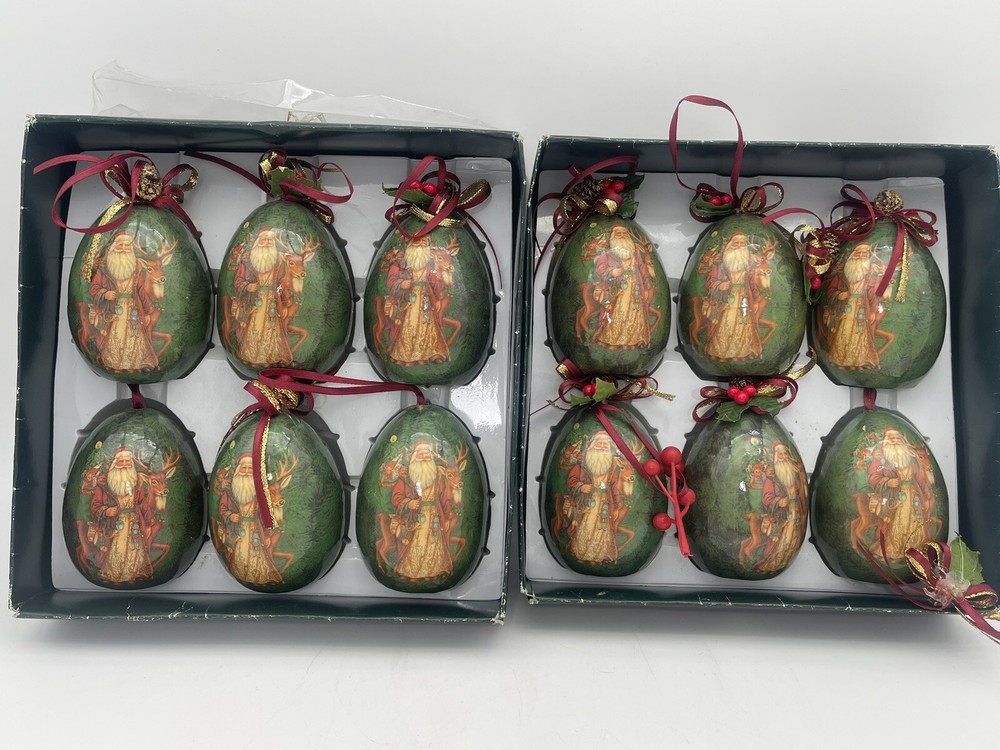 12 pcs | Vintage Egg Shaped Decoupage Santa With Reindeer Christmas Ornaments