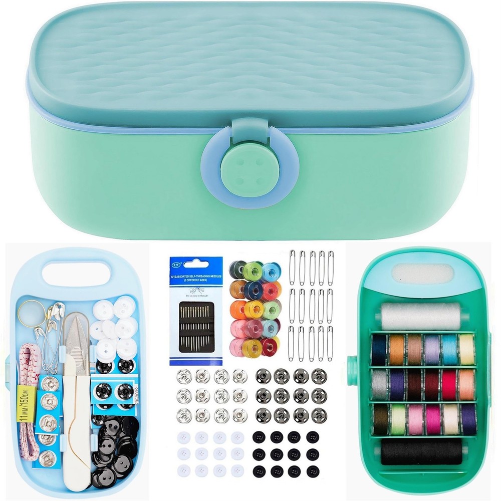 140 PCS Green Blue Sewing Project Kit Family Travel Sewing Repair Supplies