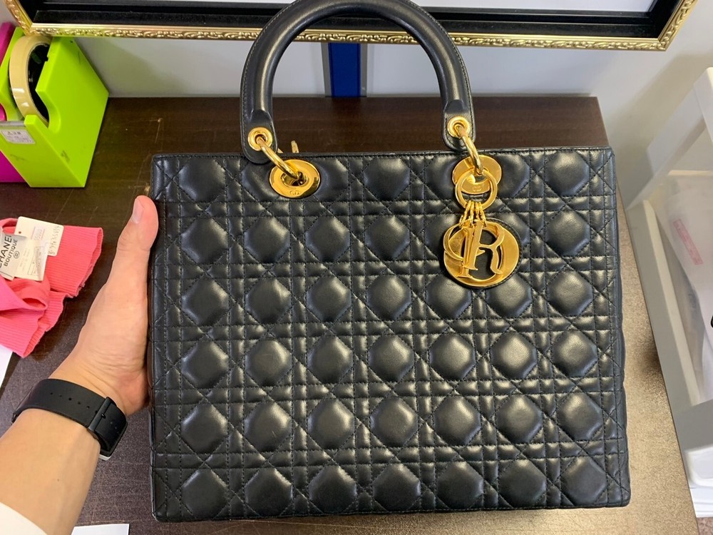 Dior Lady Dior Zip Closure Tote Large Black Leather