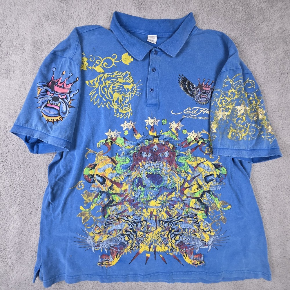 Ed Hardy Mens 3XL Blue Tattoo Print Polo Shirt Christian Audigier Design