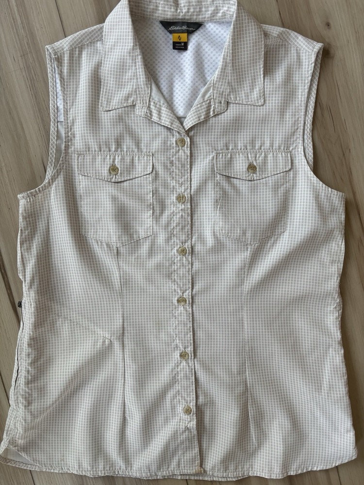 Eddie Bauer Womens Sleeveless Collared Button Down Shirt Beige White  Size M