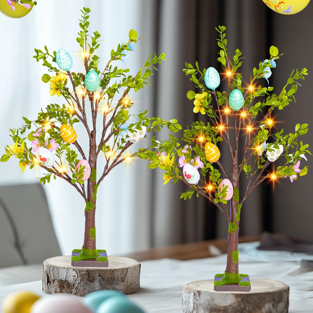 2 Pack Easter Lighted Tree Decoration, 26 Inch 24 LED Battery Operated Pre-Lit E