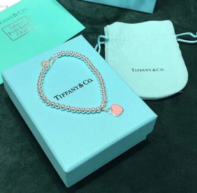 Tiffany & Co. Sterling Silver Bracelet Return To Pink Heart Beaded 18cm