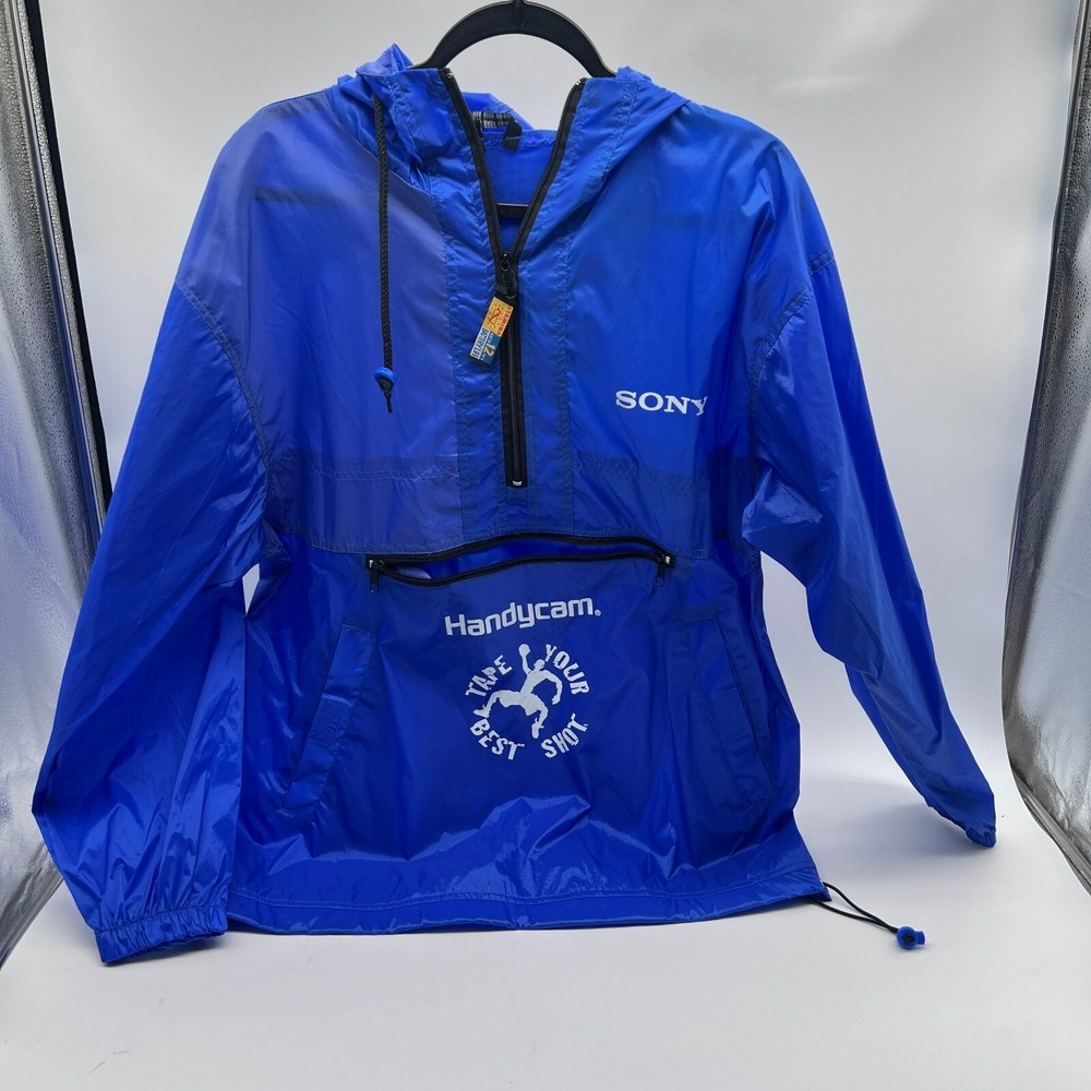 Handycam Mens M Royal Blue Rain Coat Nylon Hooded 1/2 Zip Pullover Long Sleeve