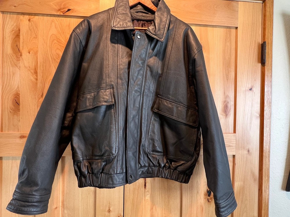 Vintage Black Leather Bomber Jacket for Men by Adventures Brand Size Medium Excellent Condition