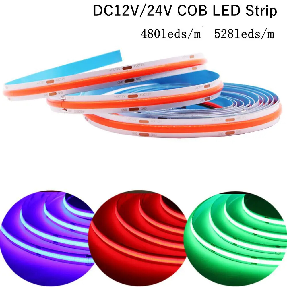 COB LED Strip Light Flexible FOB COB 480/528LEDs/m Lights Tape Linear DC12V/24V