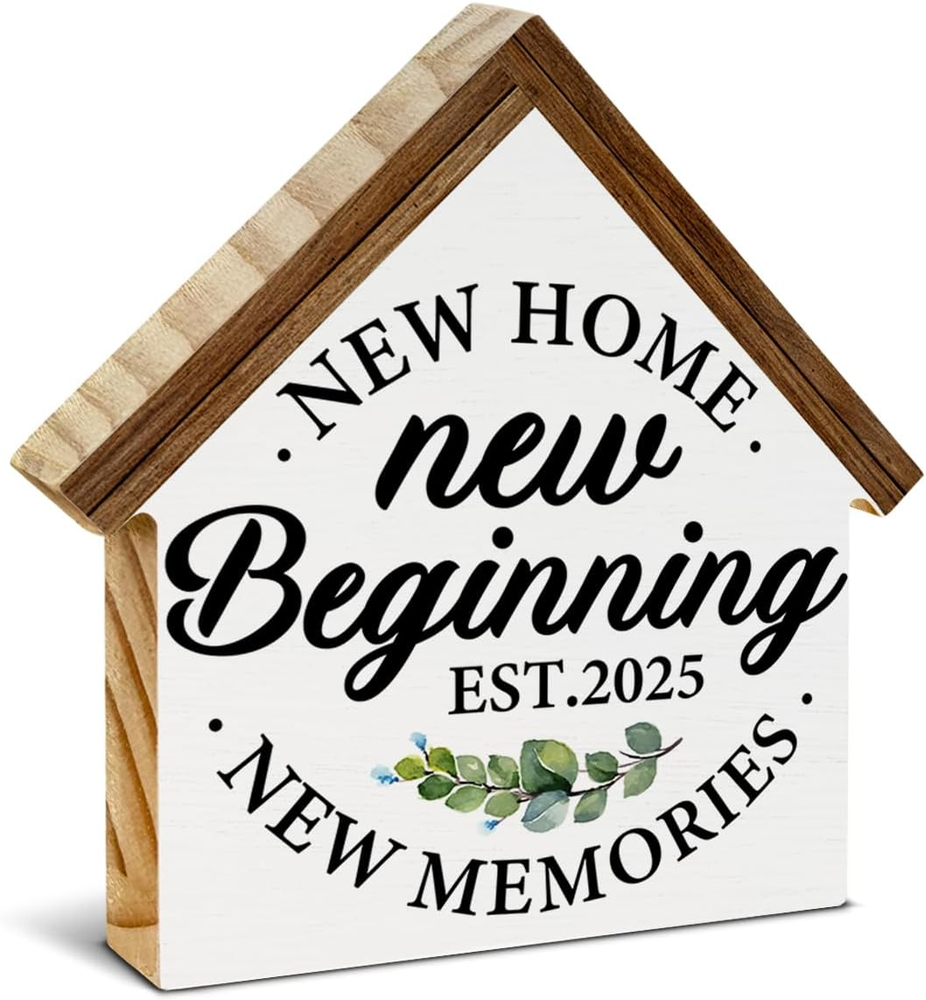 2025 Housewarming Gifts, New Home Decor, New Beginnings House Shaped Wooden Bloc