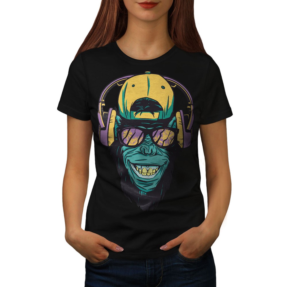Wellcoda Cool Monkey With Headphones Womens T-shirt