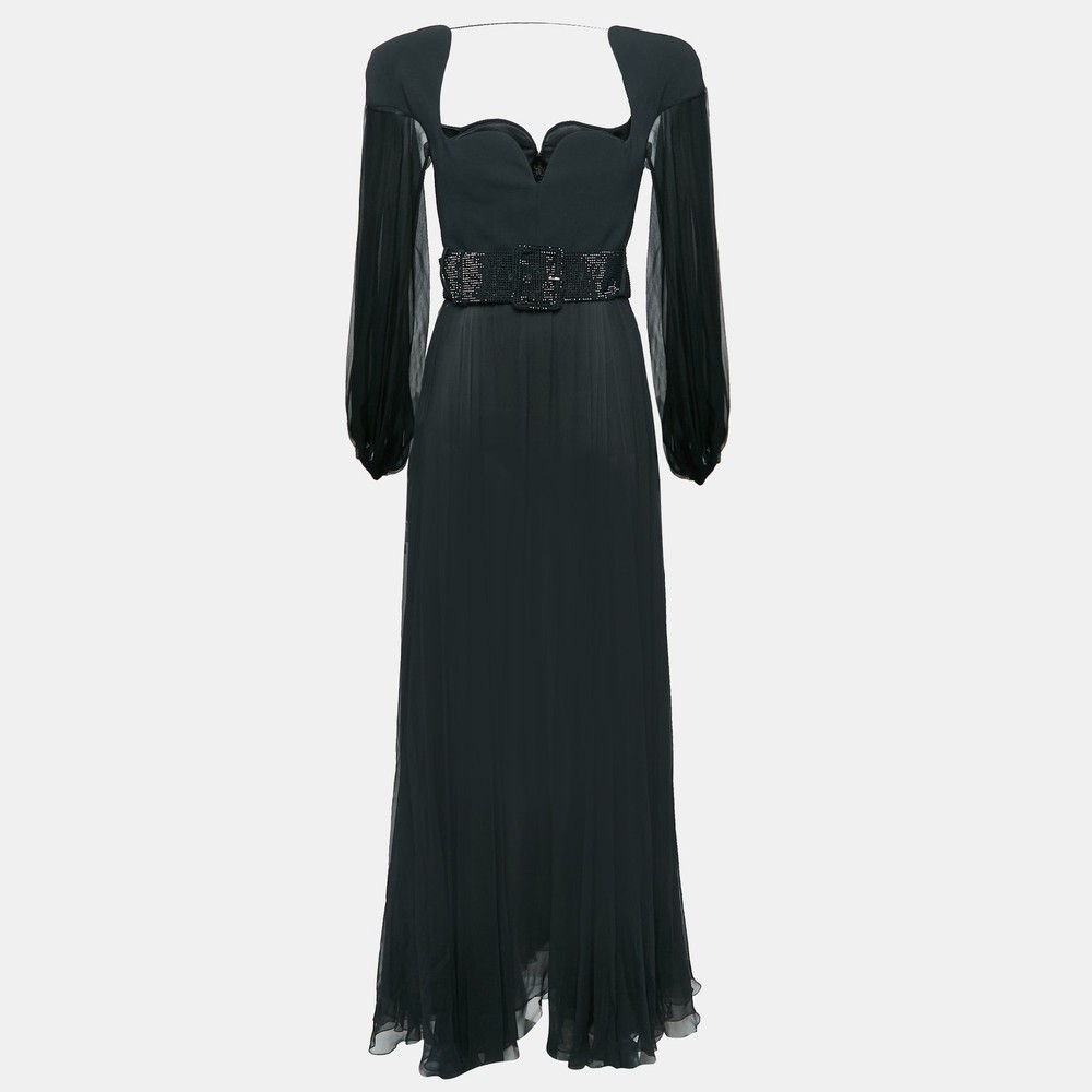 Versace Black Crepe Silk Rhinestone Belted Maxi Dress S