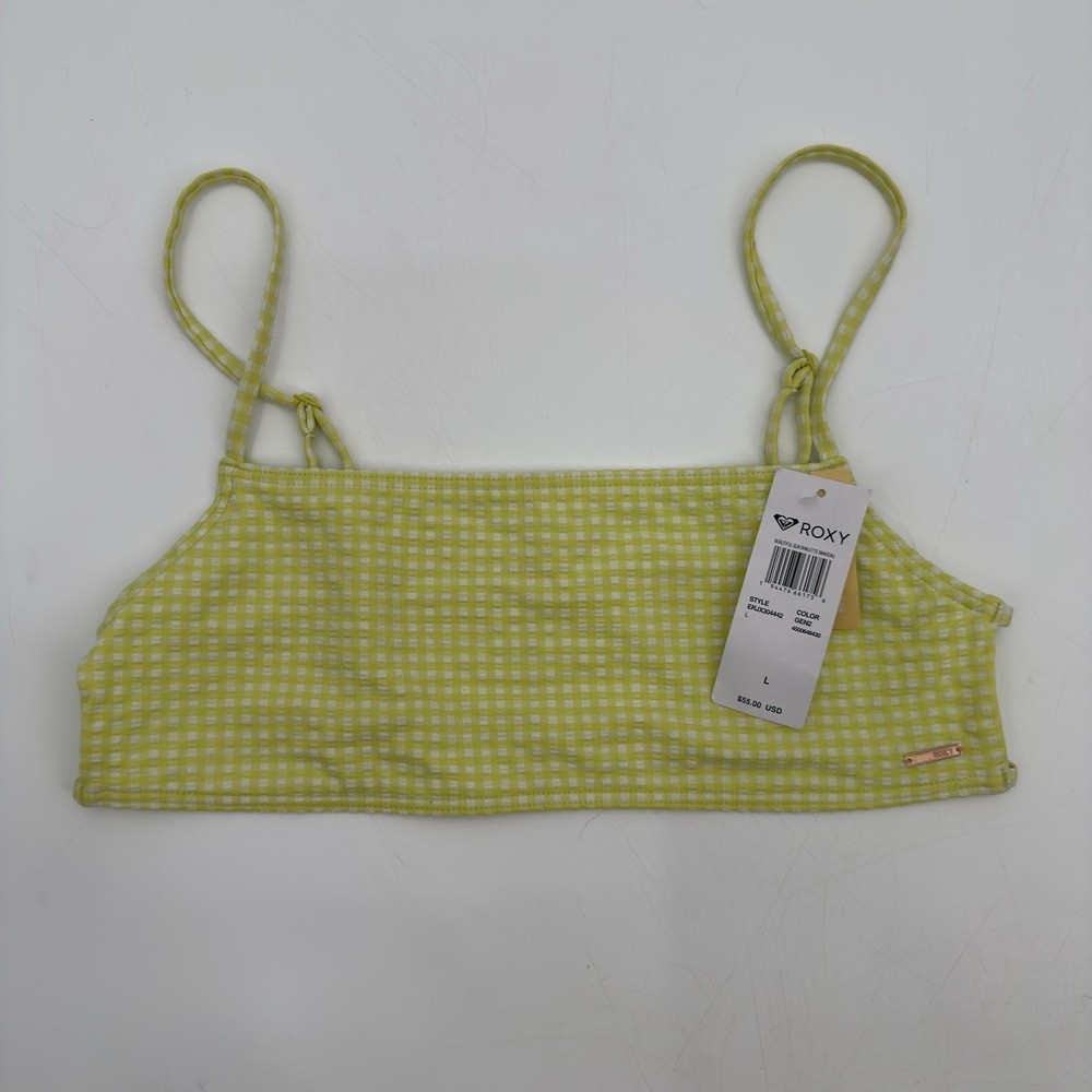 Roxy Beautiful Sun Bralette Bandeau Gingham Green White Bikini Top Sz Large NEW