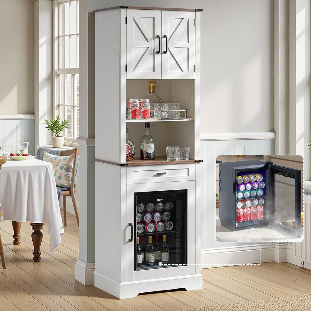 Farmhouse 69-Inch Bar Cabinet with Fridge and Storage Drawers