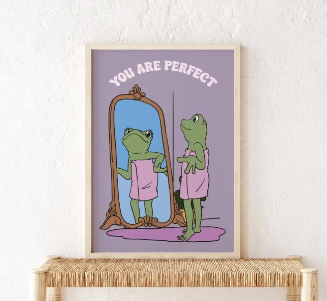 Perfect Self Love Bathroom Poster with Retro Frog Motivational Quote