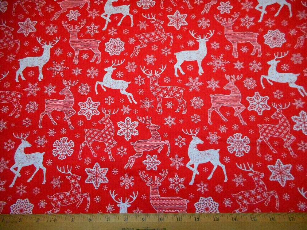 Christmas Fabric By Half-Yard White Reindeer & Snowflakes on Red Cotton #48 C
