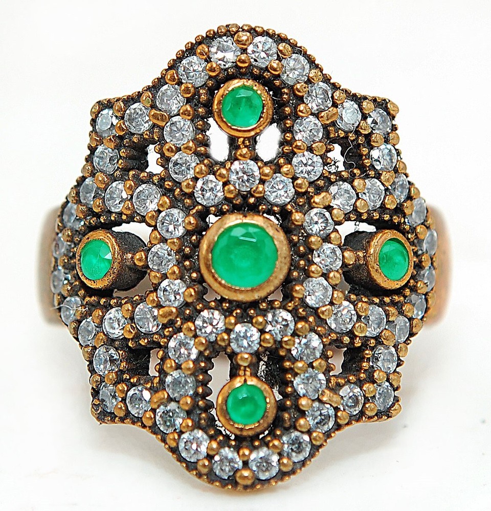 Ottoman-inspired 1CT Emerald 925 Sterling Silver Size 7 Ring HB3-4