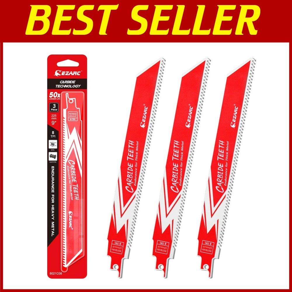 3-Pack Carbide Reciprocating Saw Blades - 9-Inch 8TPI for Metal & Alloy Steel