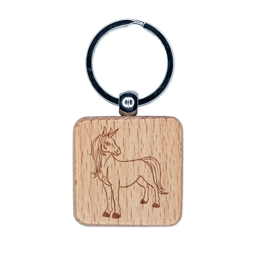 Pretty Unicorn Posing Engraved Wood Square Keychain Tag Charm