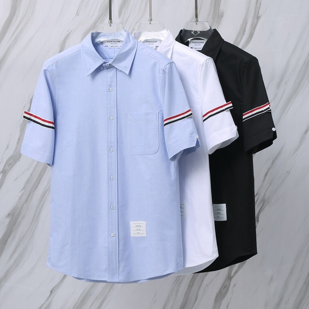 Thom Web Browne Classic Short Sleeve Button Shirts Men Casual Oxford Shirt Tops