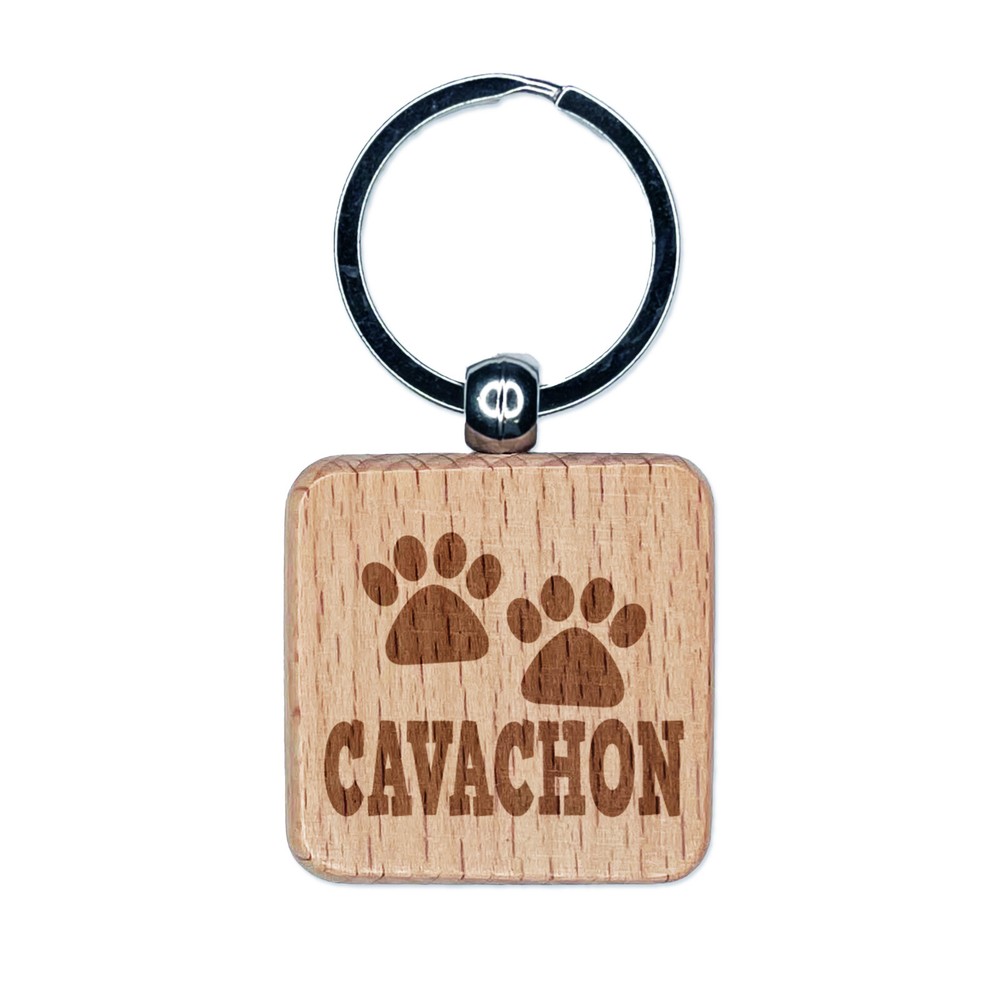 Cavachon Dog Paw Print Engraved Wood Keychain Charm