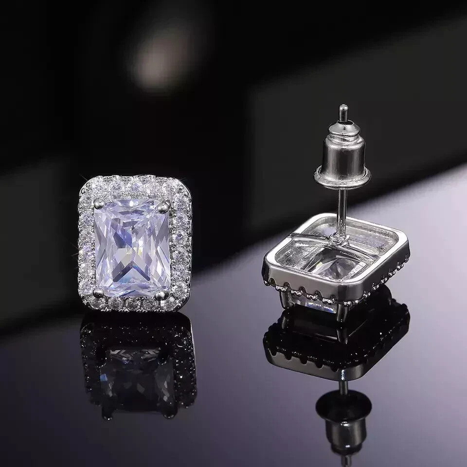 14K White Gold Plated Push Back Stud Earrings with 3Ct Radiant Cut Certified Moissanite