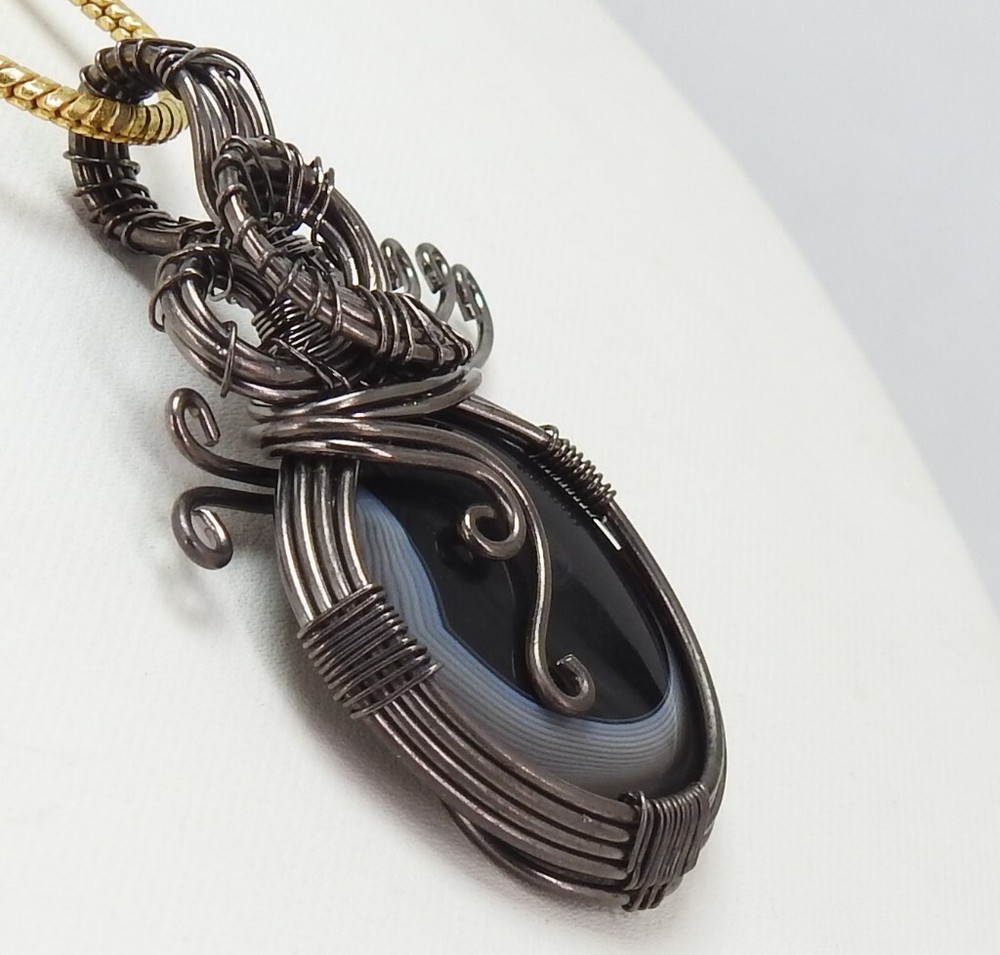 Black Strip Agate Brass Pendant Silver Oxidised Polished Wire Wrapped Jewelry