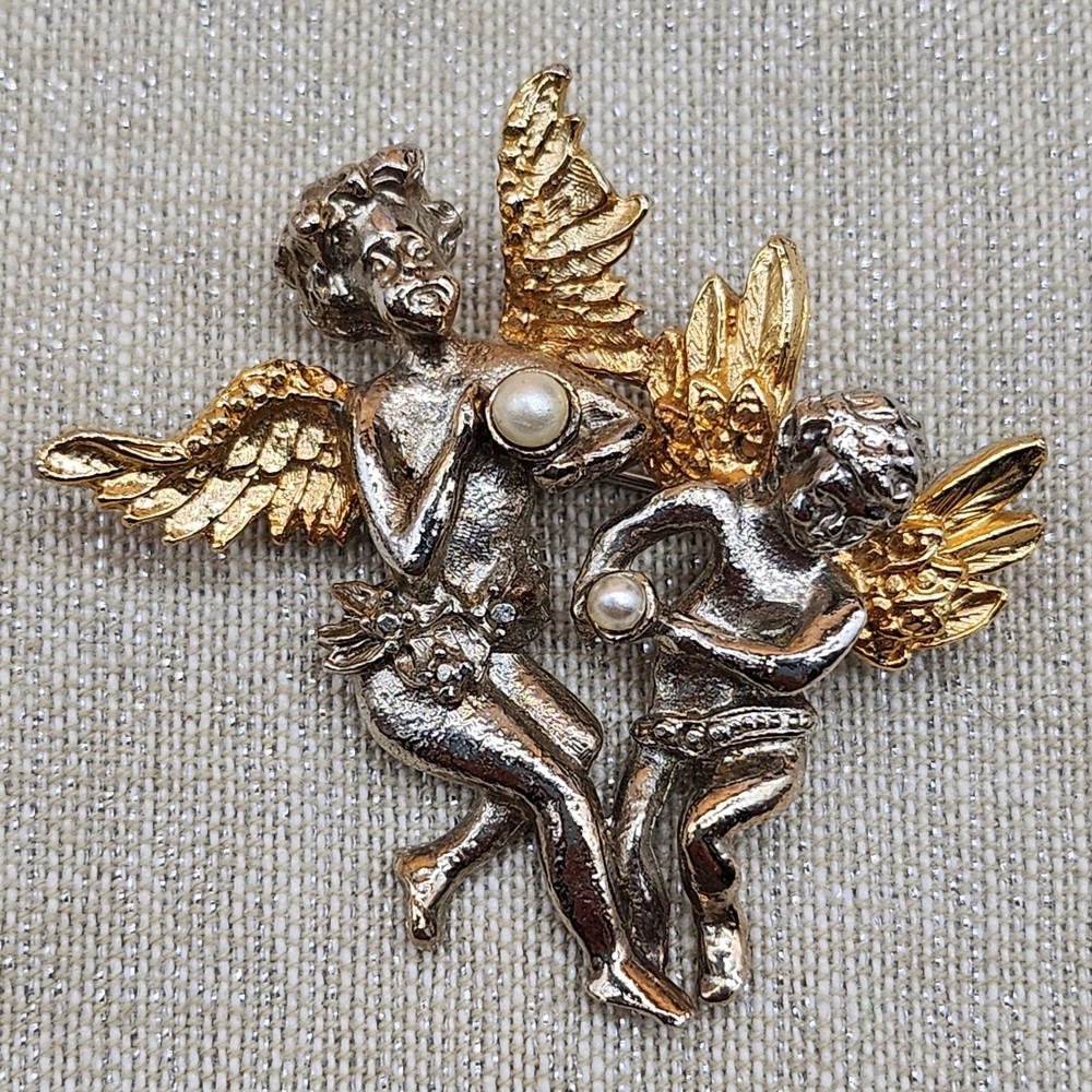 Vintage Gold & Silver Tone Golden Wings Angels with Faux Pearls Brooch