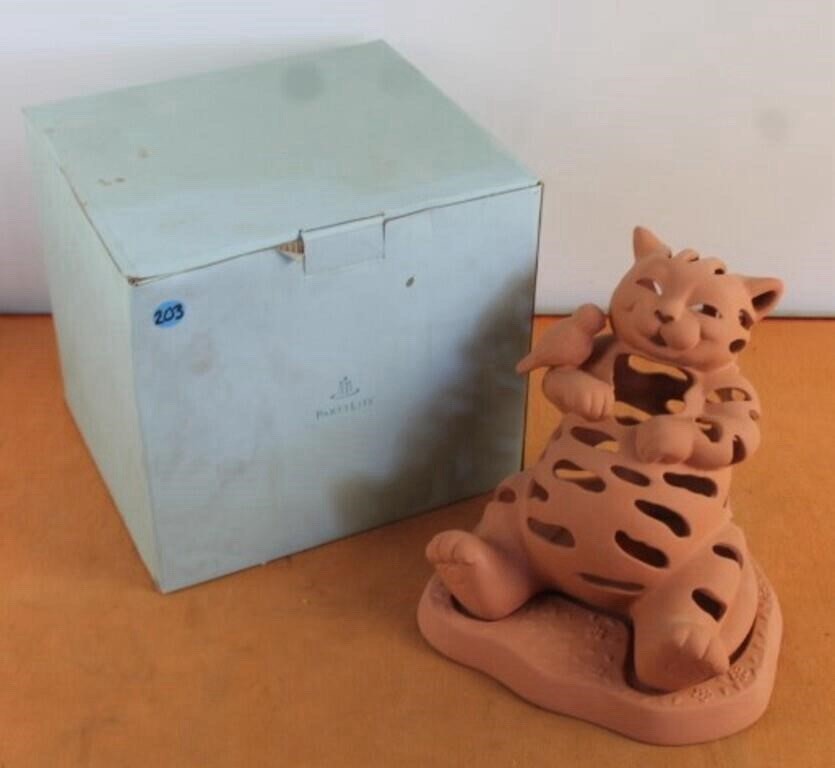 🚨PartyLite Terra Cotta Cat w Bird Tealight Holder Luminary Best Friends w Box🐱