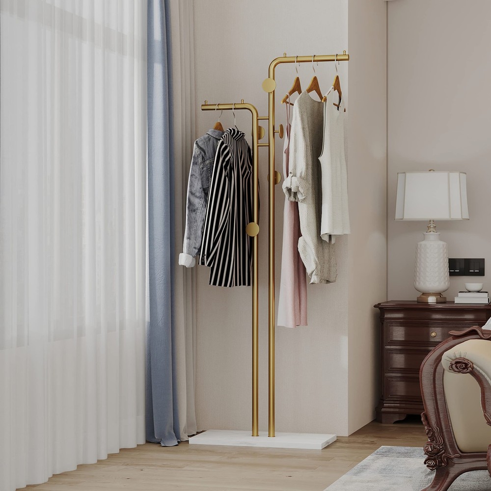 Modern Freestanding Double-Pole Metal Coat Rack with Hanger Stand-image