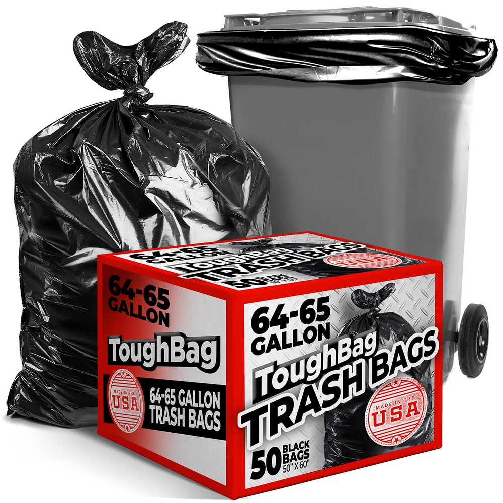 64-65 Gallon Trash Bags, 50 x 60” Large Black Garbage Bags (50 COUNT) – 60 Ga...