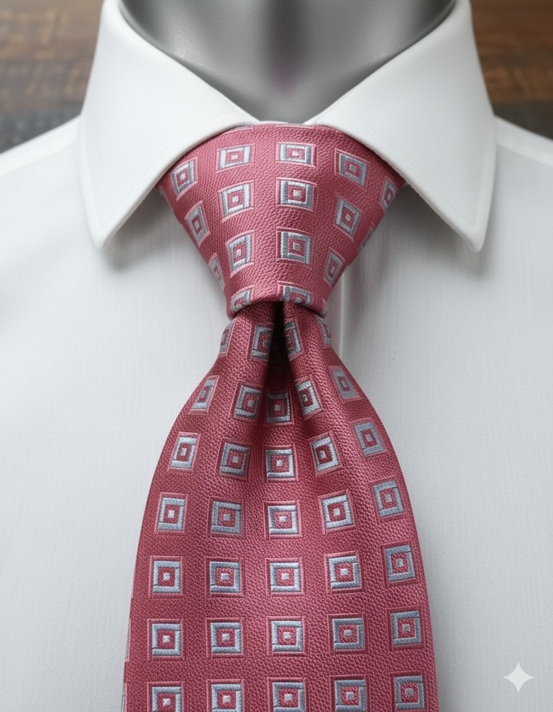 Ike Behar New York 100% Silk Necktie Pink Geometric Square Pattern Classic