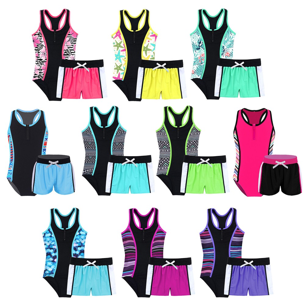 Kids Girls Swimming Costume Swimsuit Two Pieces Jumpsuit and Swim Shorts Tankini