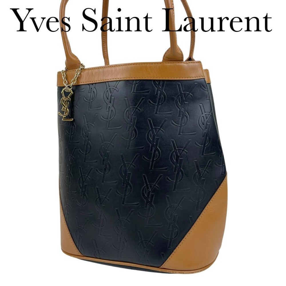 Yves Saint Laurent Black Leather Tote Bag with Embossed Logo Authentic Luxury