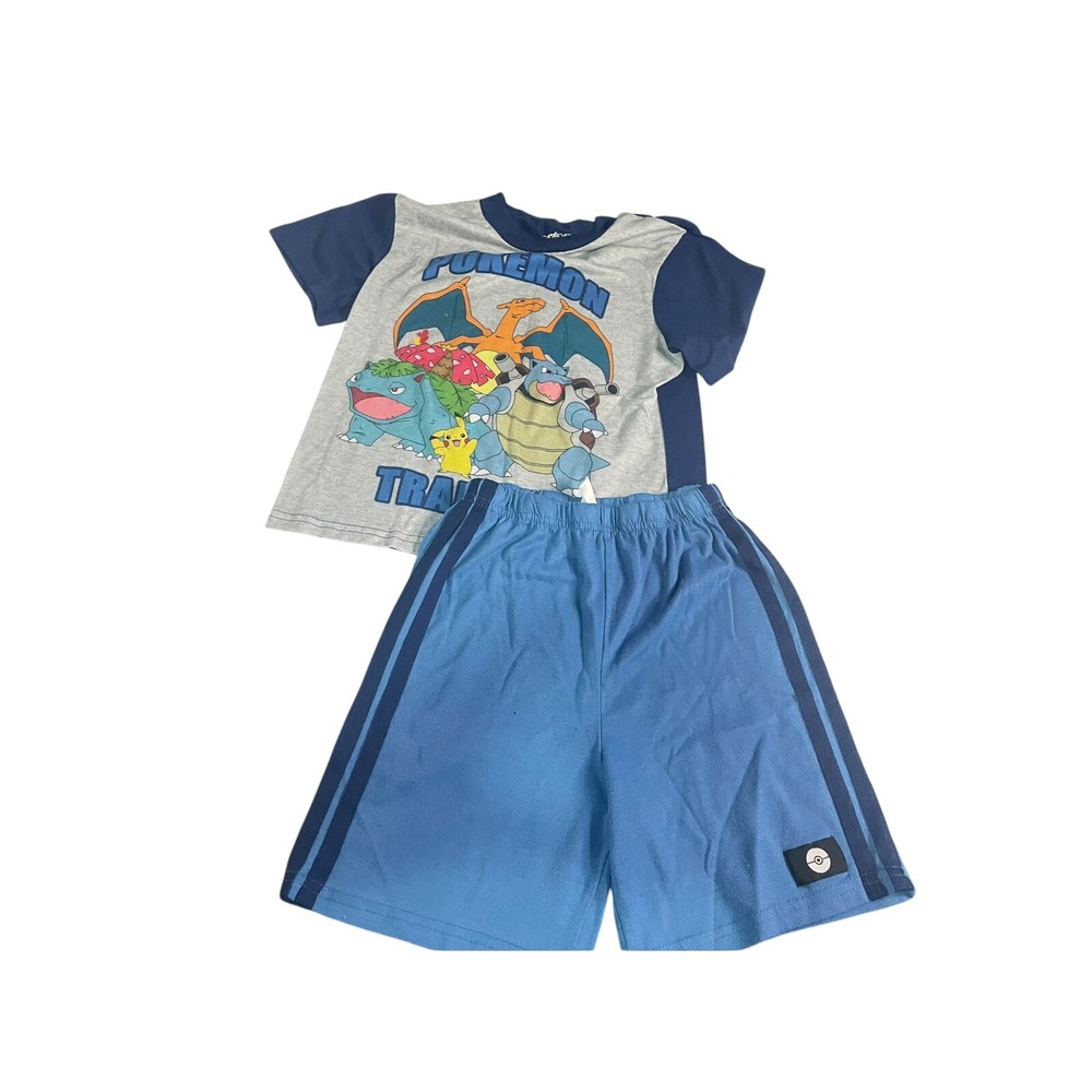 Pokemon. Boys 8 Gray Blue Pajama. Set. Shorts Shirt Stretch Cotton