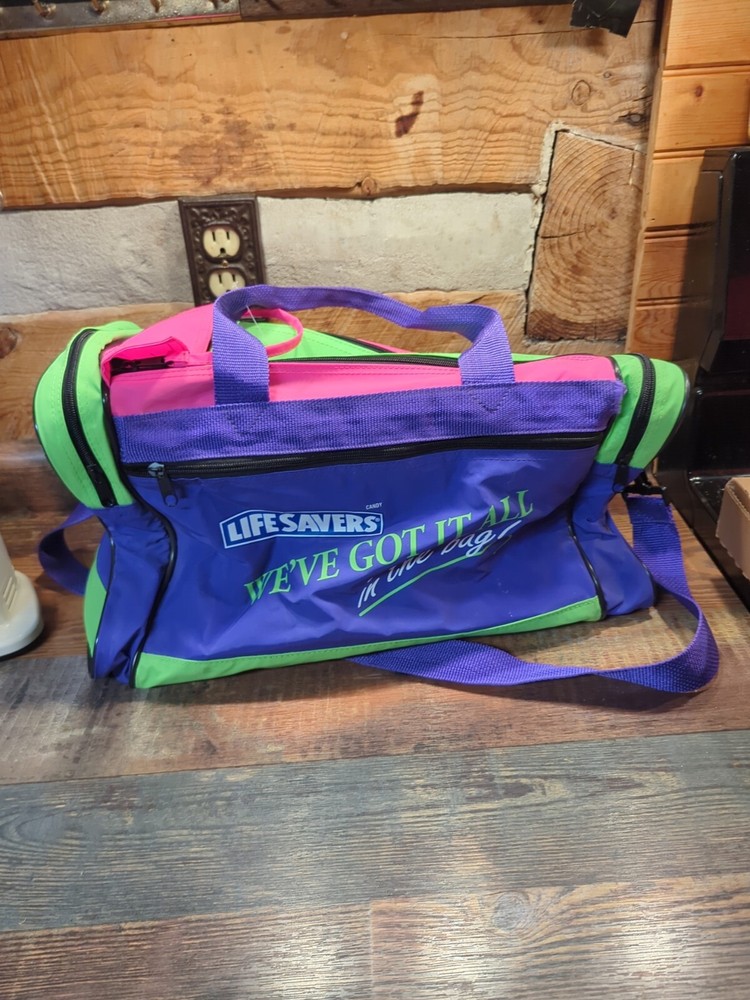 Vintage 90s Neon Green Pink Purple LIFE SAVERS Candy Duffle Tote Bag 16x11x9  
